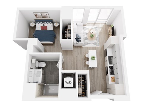 A top down view of a small apartment with a bedroom, bathroom, and kitchen.